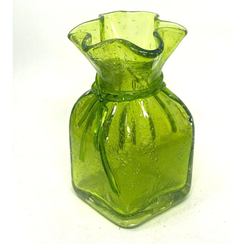 Vintage Art Glass Vase Hand Blown Apple Green Bubble Paper Bag Ribbon Ruffle